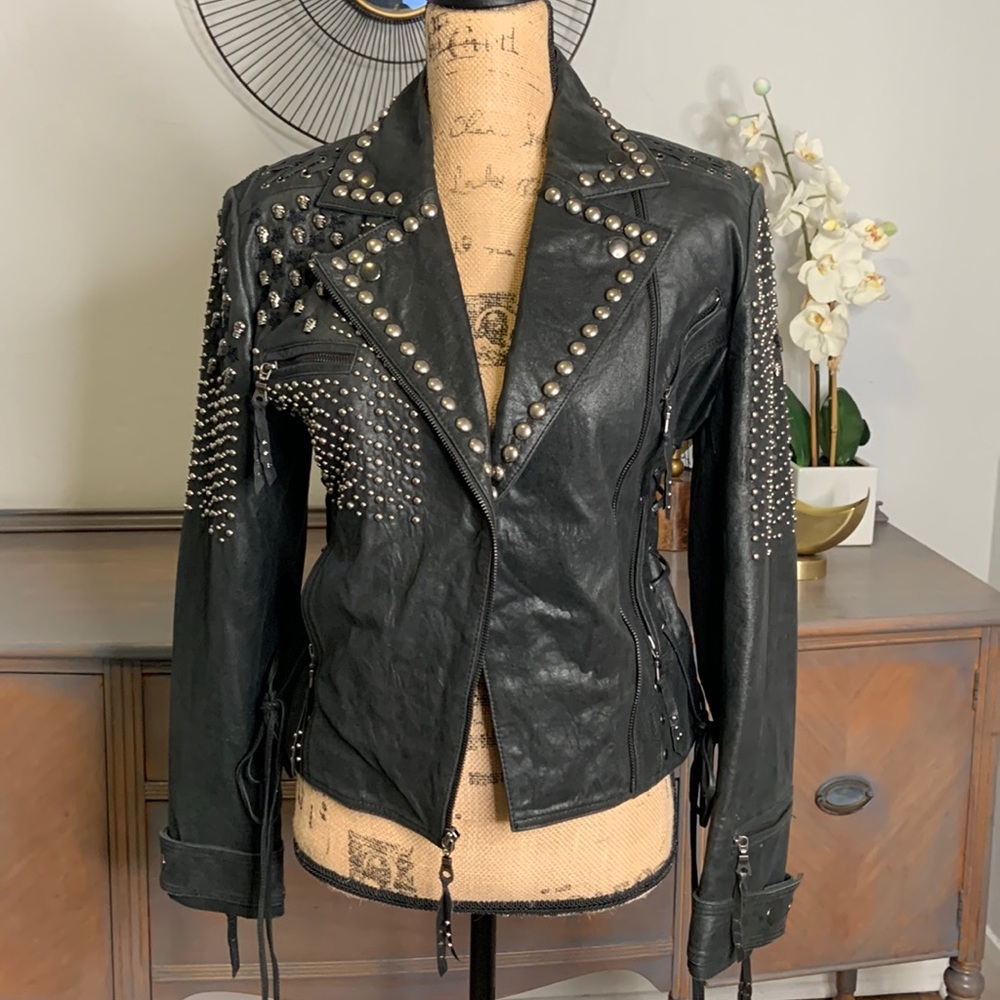 Double D biker jacket leather, skulls studs SM New